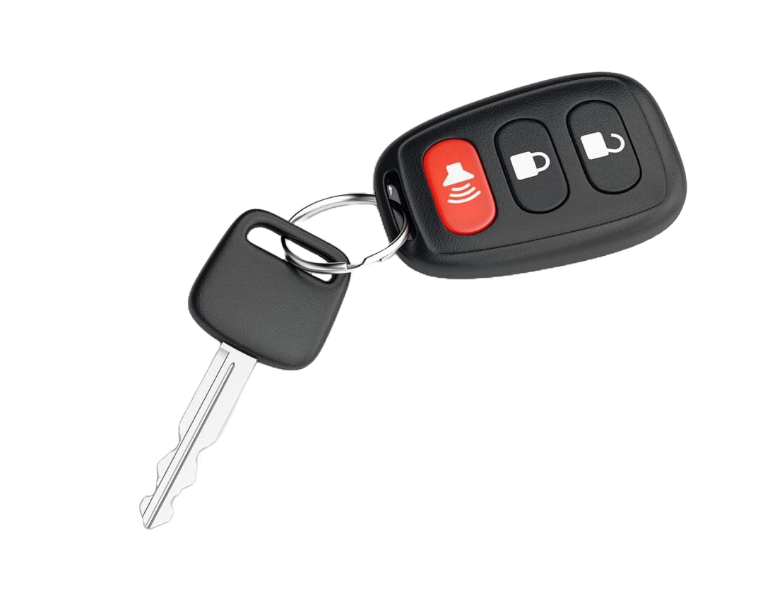 Una llave de coche con un mando a distancia adjunto sobre un fondo blanco.