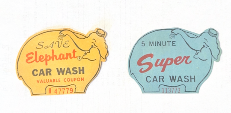 Before it was named Elephant, the wash operated as A.D. & E. Corp—sometimes known as the Five Minute Car Wash. Even then, their elephant-shaped coupons hinted at the iconic brand it would one day become.
