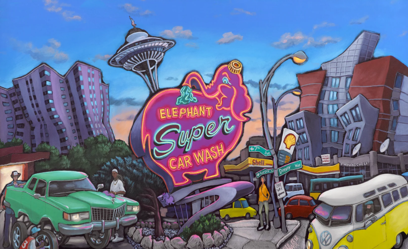 By the mid 90s, Seattle's Elephant Car Wash was more than just a place to clean your car—it was a cultural icon. Our pink elephant sign became one of the city's most photographed landmarks and appeared in various media, including a 1995 Land Rover commercial, cartoons, and fine art. The cheerful elephant spraying itself with water captured the imagination of many and spread our quirky charm nationwide using various media channels.