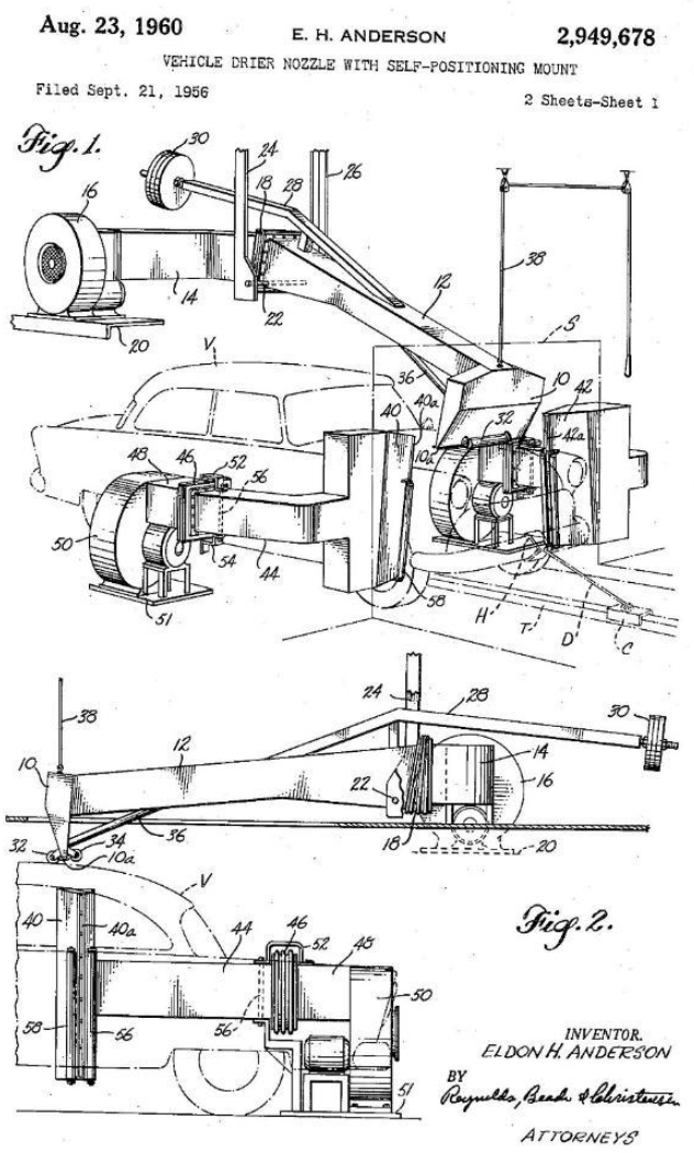 Drawing for one of the patents for automated car wash equipment invented by Eldon Anderson
CHECK OUT THE PATENTS:
1958-1960 Automobile Guiding Device
1956- 1960Vehicle drier nozzle with self positioning mount Vs2