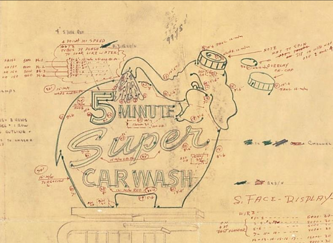 An original sketch of the second Elephant Car Wash sign, shown alongside a photo of the final design (courtesy of Kathleen Wolff). Bea’s daughter, Kathleen—an avid neon enthusiast—rediscovered these drawings in her family’s basement. Today, Bea Haverfield’s luminous legacy is celebrated at the Edmonds Historical Museum.