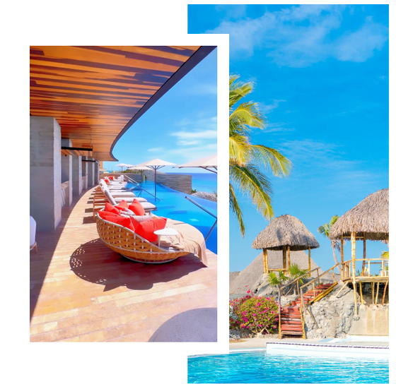 An aerial view of a swimming pool surrounded by palm trees