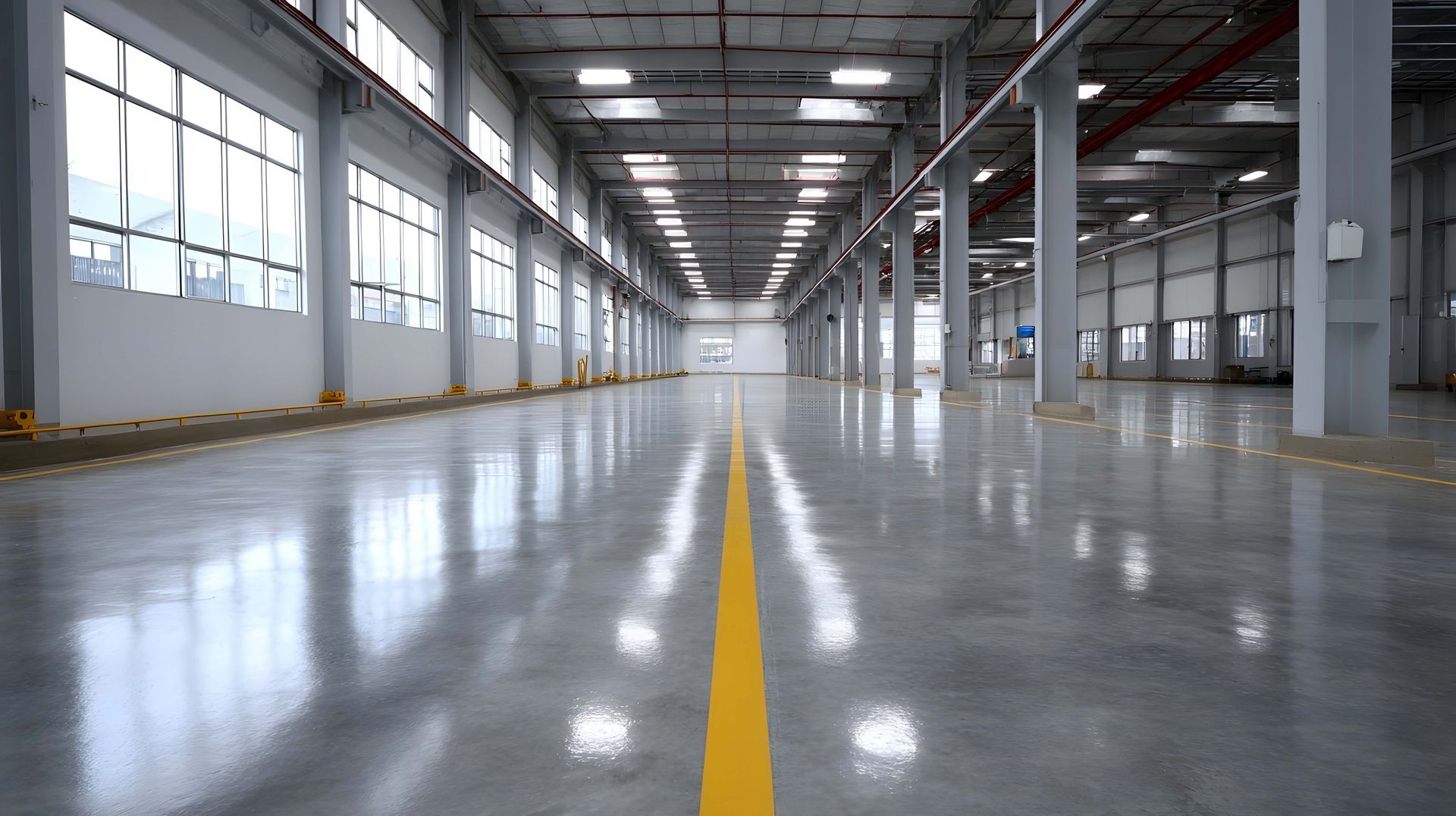 Empty industrial warehouse with polished concrete floor, windows, and yellow line.