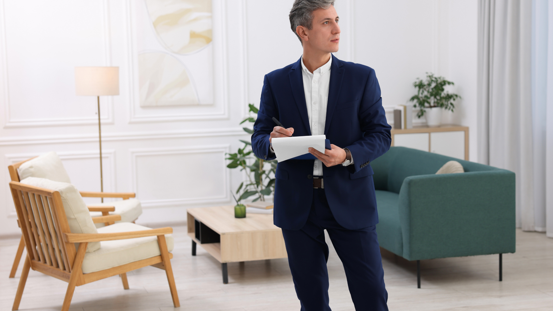 Man in blue shirt talking to person, holding a pen and notepad in an office setting.