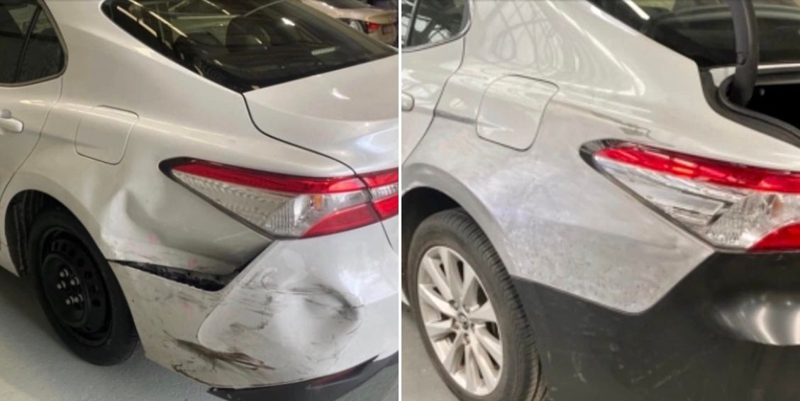 A before and after photo of a car with a damaged bumper.