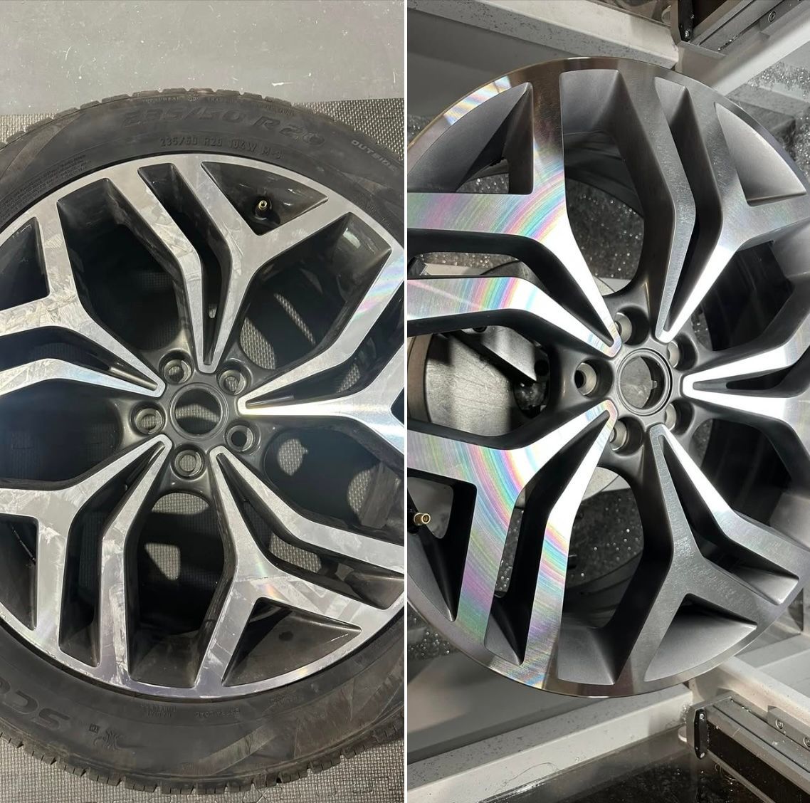 A close up of a tire and a close up of a wheel