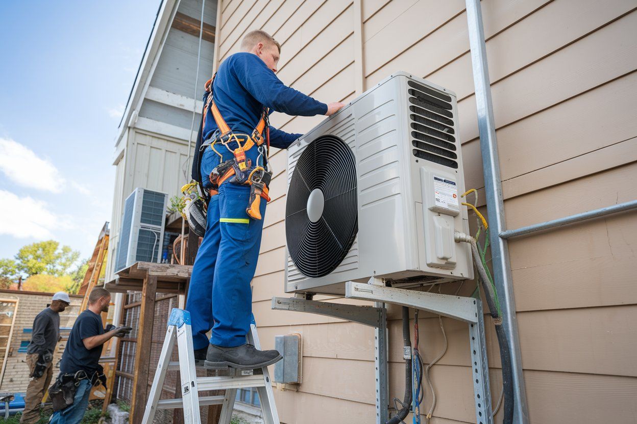 An air conditioner is sitting on the side of a house.