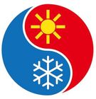 Red and blue yin-yang with a sun and snowflake symbols