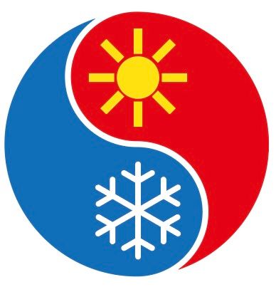 Red and blue yin-yang with a sun and snowflake symbols