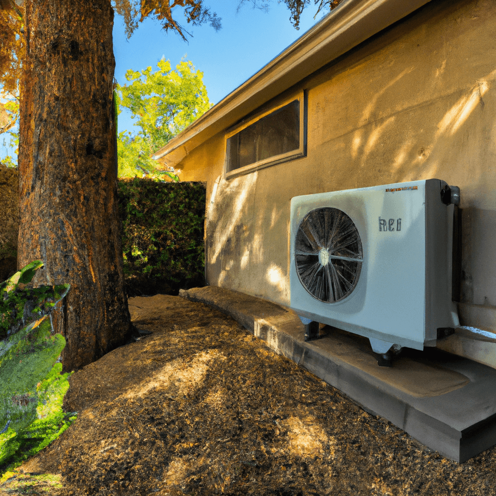 A white air conditioner is mounted on the side of a house next to a window.