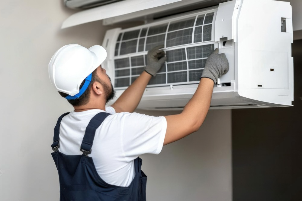 A white air conditioner is mounted on the side of a house next to a window.