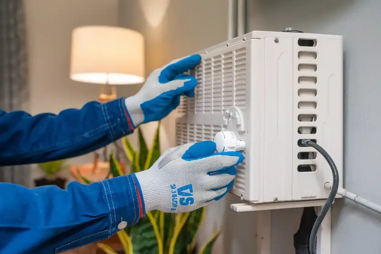 A white air conditioner is mounted on the side of a house next to a window.