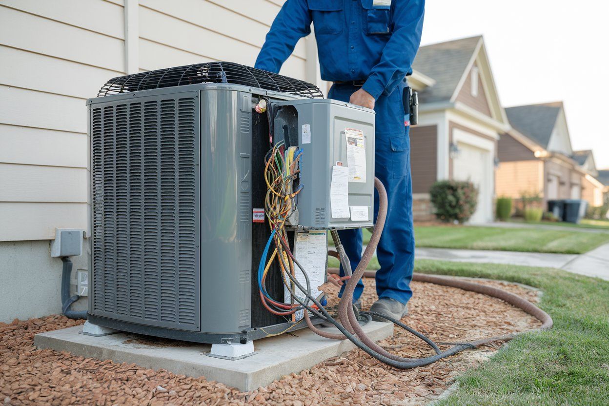 HVAC technician repairing outdoor AC unit beside a suburban house
