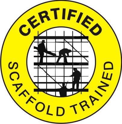 A yellow sign that says certified scaffold trained