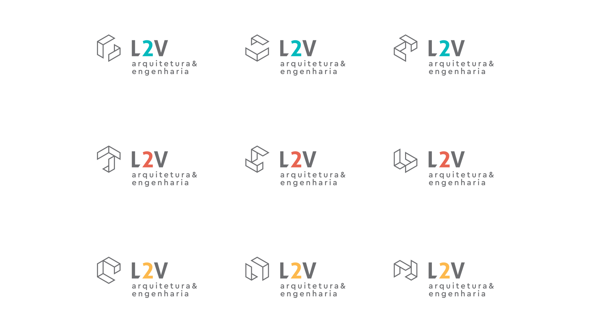 Um conjunto de logotipos para uma empresa chamada l2v.