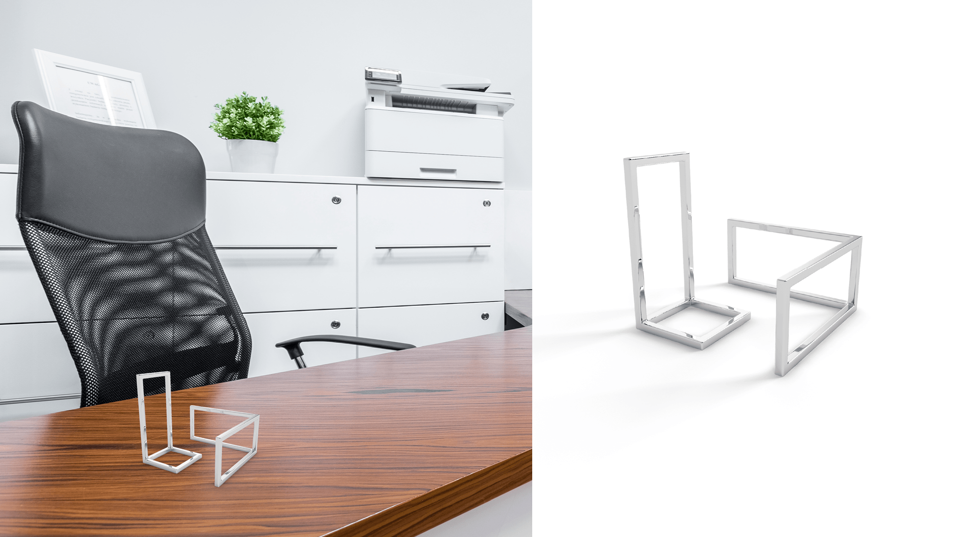 Uma cadeira está sentada em uma mesa em um escritório ao lado de uma impressora.