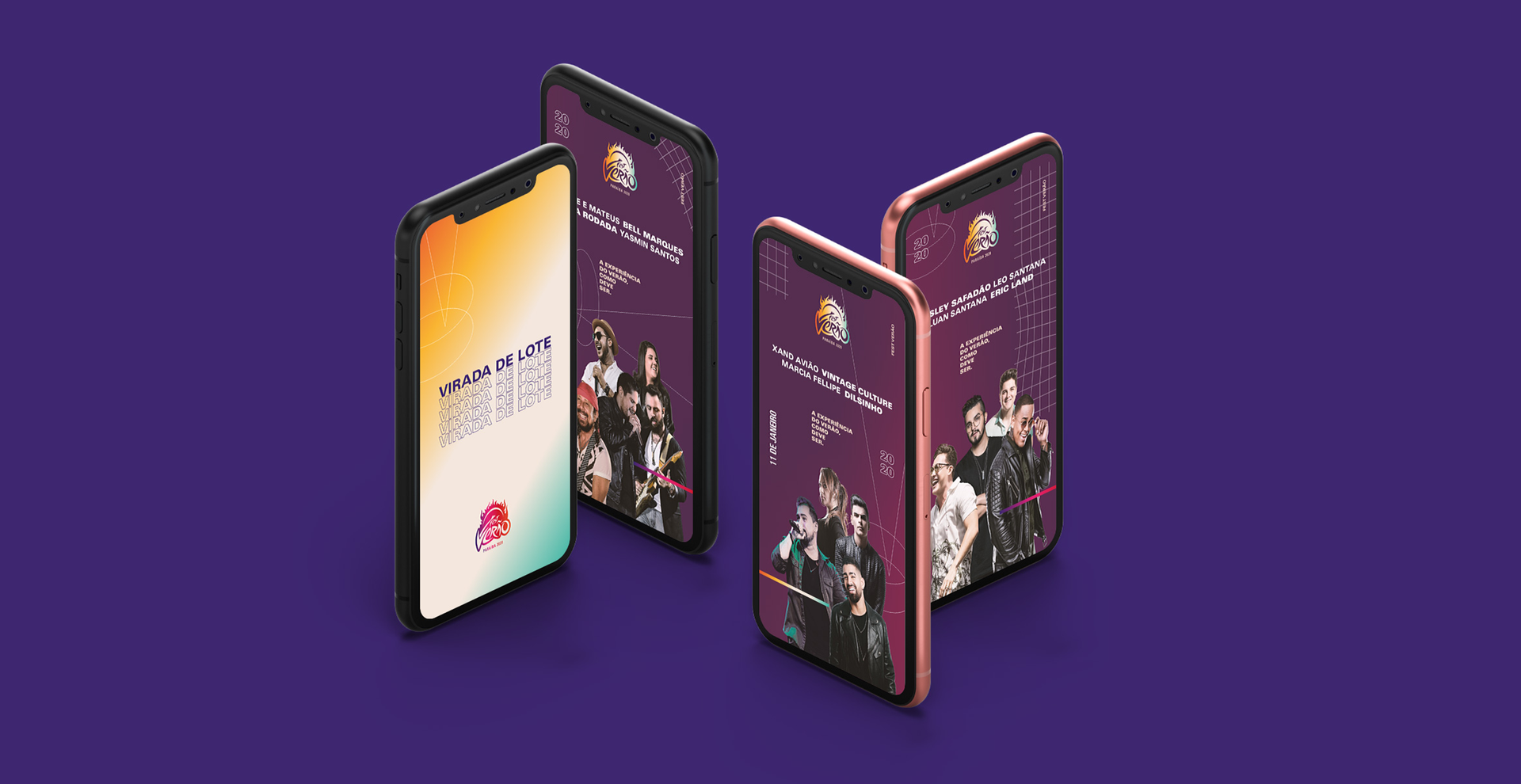 Três telefones estão lado a lado em um fundo roxo.