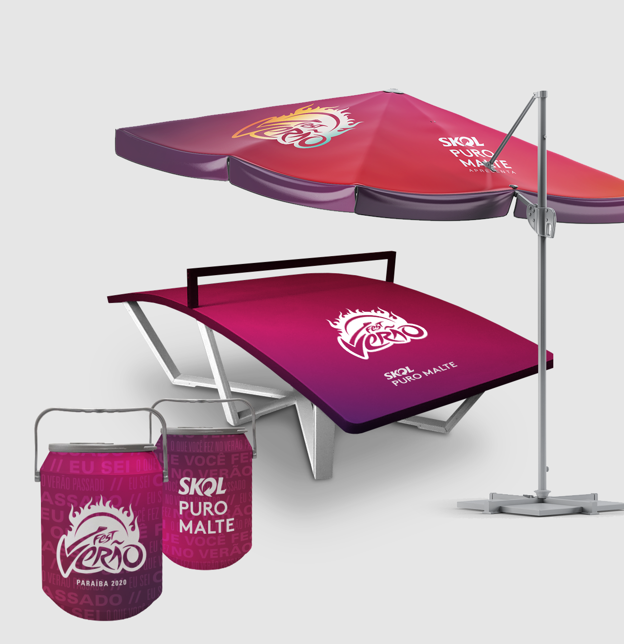 Um guarda-chuva roxo com a palavra skol nele