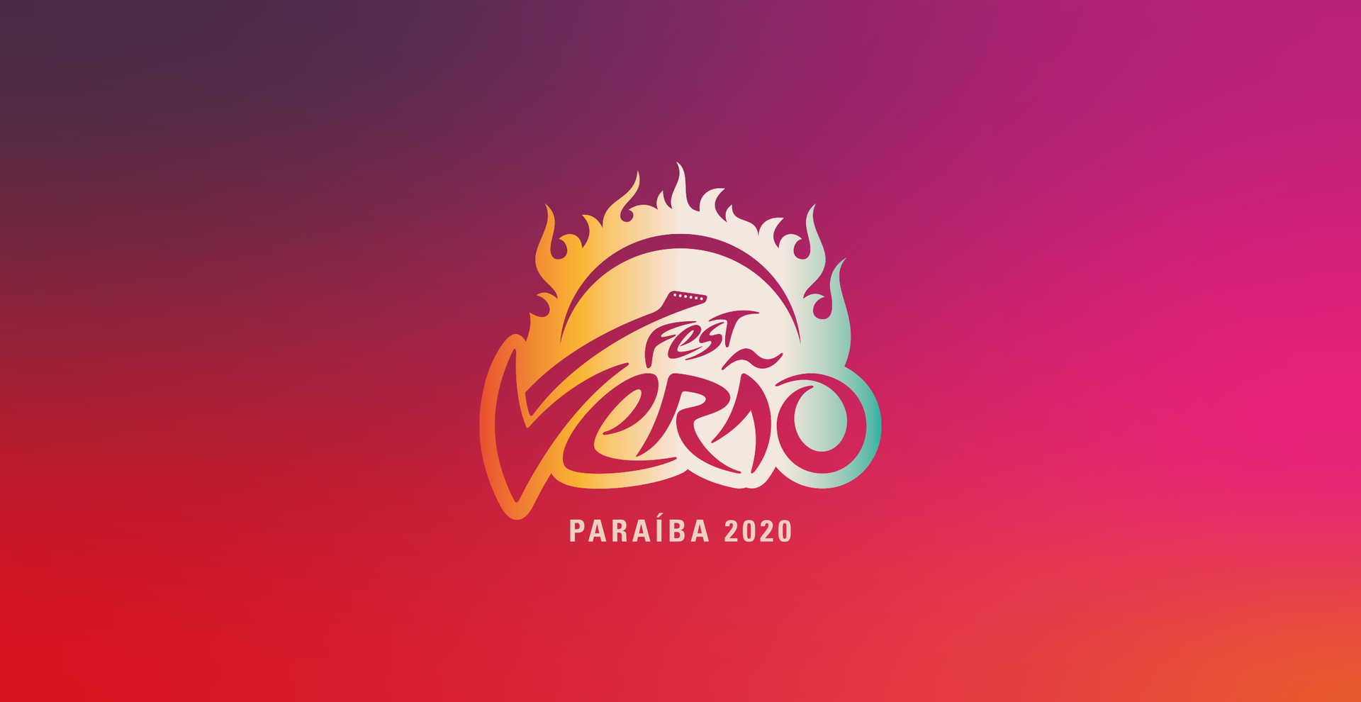 Um logotipo colorido para um festival com chamas em um fundo rosa e roxo.