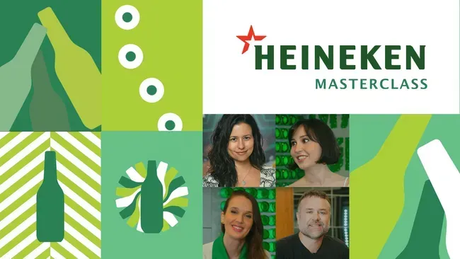 Um cartaz para uma masterclass da heineken com quatro pessoas