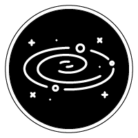 Um ícone preto e branco de uma galáxia espiral com estrelas em um círculo.