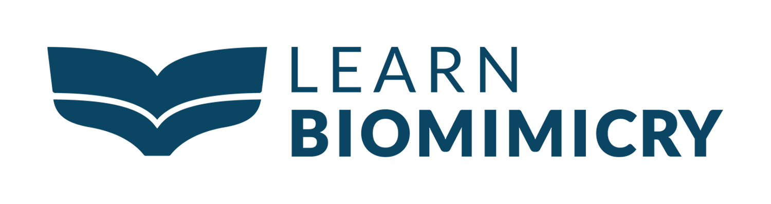 The logo for learn biomimicry is a blue book with a heart on it.