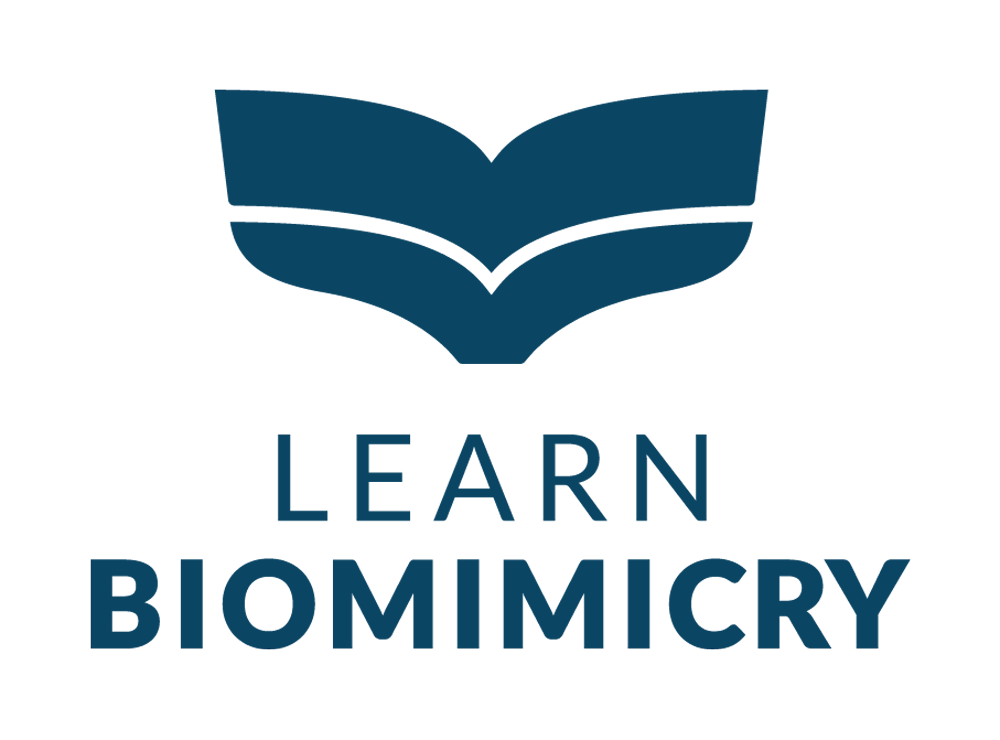 A blue logo for learn biomimicry with an open book