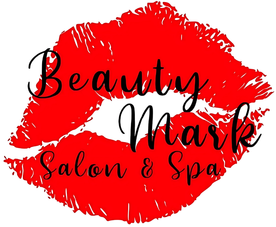 A beauty mark salon and spa logo with a red lip print