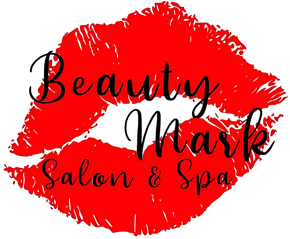 A beauty mark salon and spa logo with a red lip print