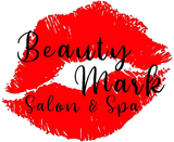 A beauty mark salon and spa logo with a red lip print