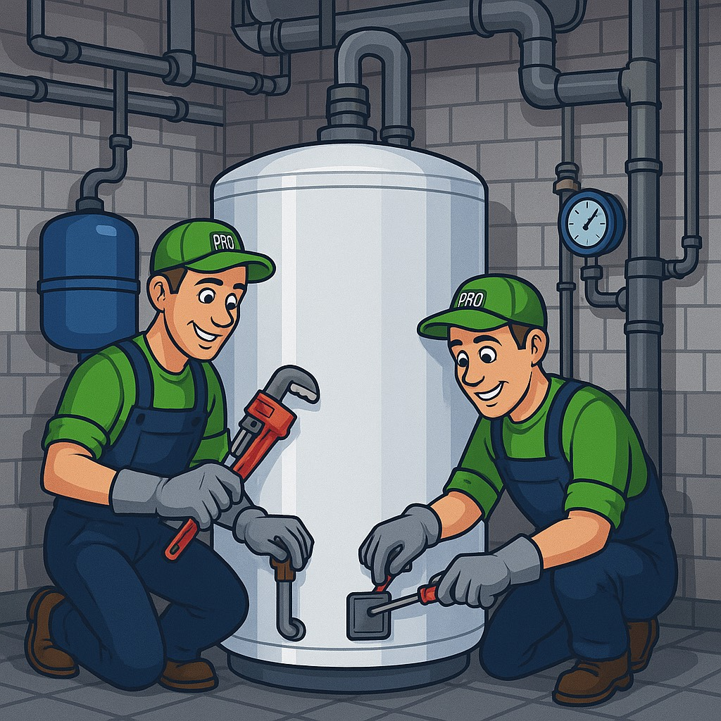 Plumber in gray gloves adjusting pipes of a white water heater, copper pipes, steam, tools, indoor setting.