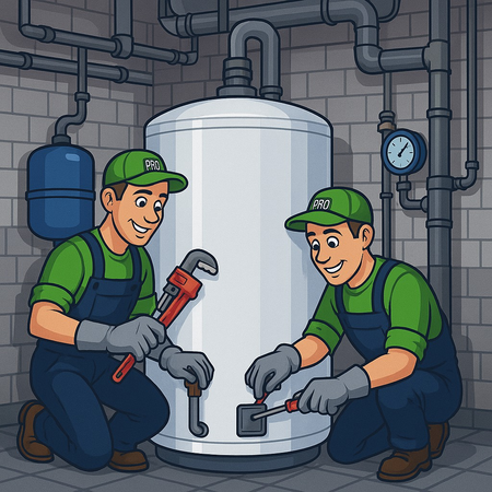 Plumber in gray gloves adjusting pipes of a white water heater, copper pipes, steam, tools, indoor setting.