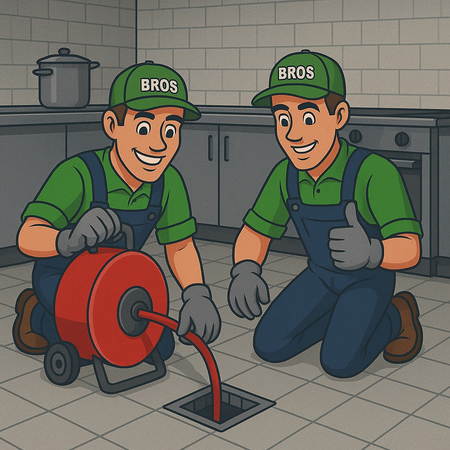 Person unclogging a drain with a snake tool. A work light illuminates the scene in a basement.