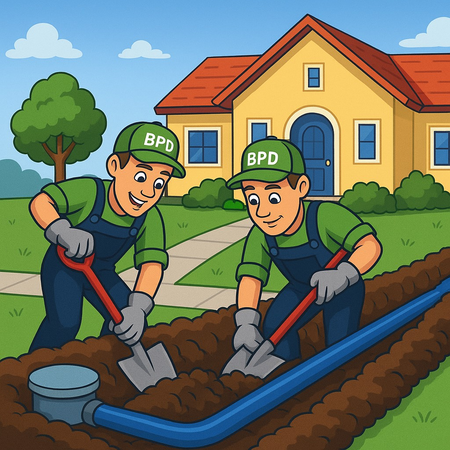 Hands in gray gloves connecting copper pipes with a fitting and pliers. A can of flux, pipes and tools sit nearby.