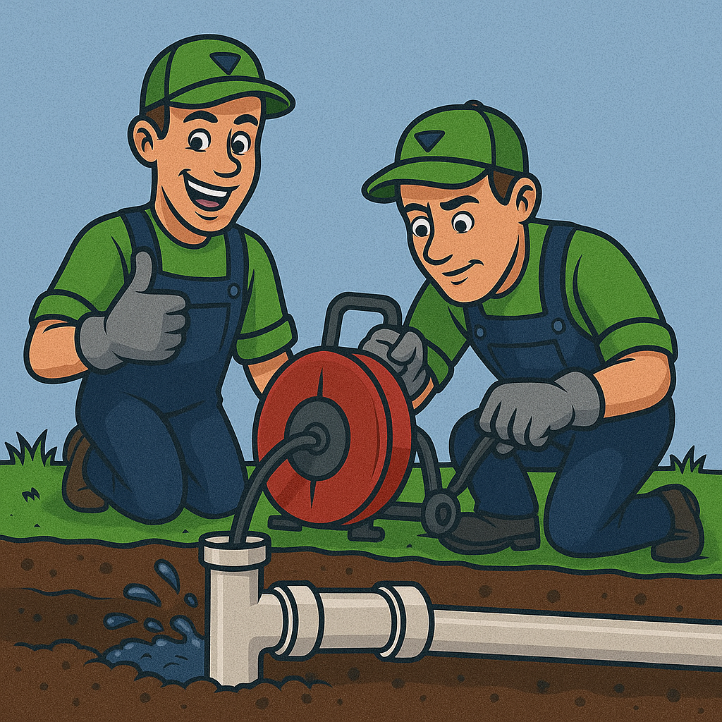 Plumber unclogging a drain in a lit room, using tools. A yellow work light is in the foreground.