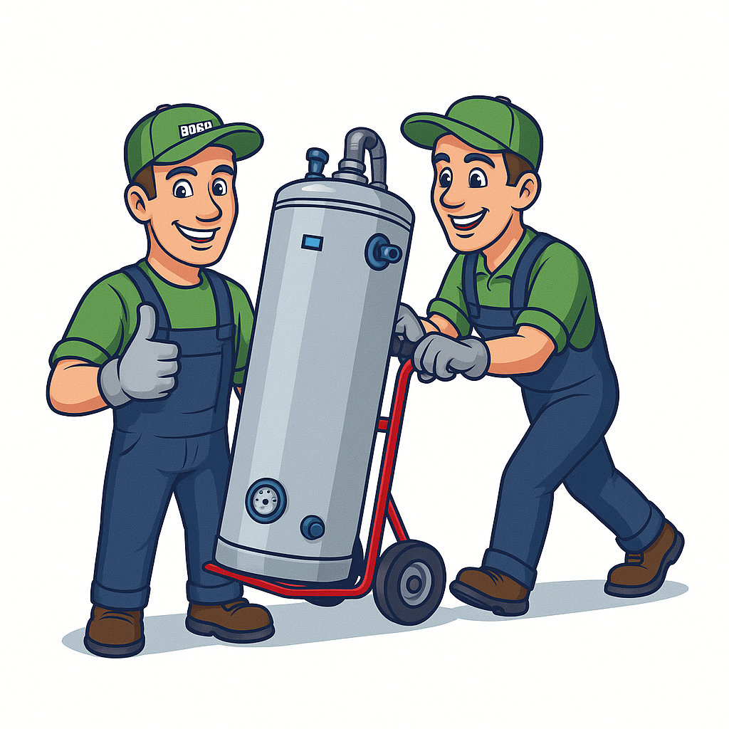 Plumber in gray gloves using a wrench to fix a water heater with copper pipes.