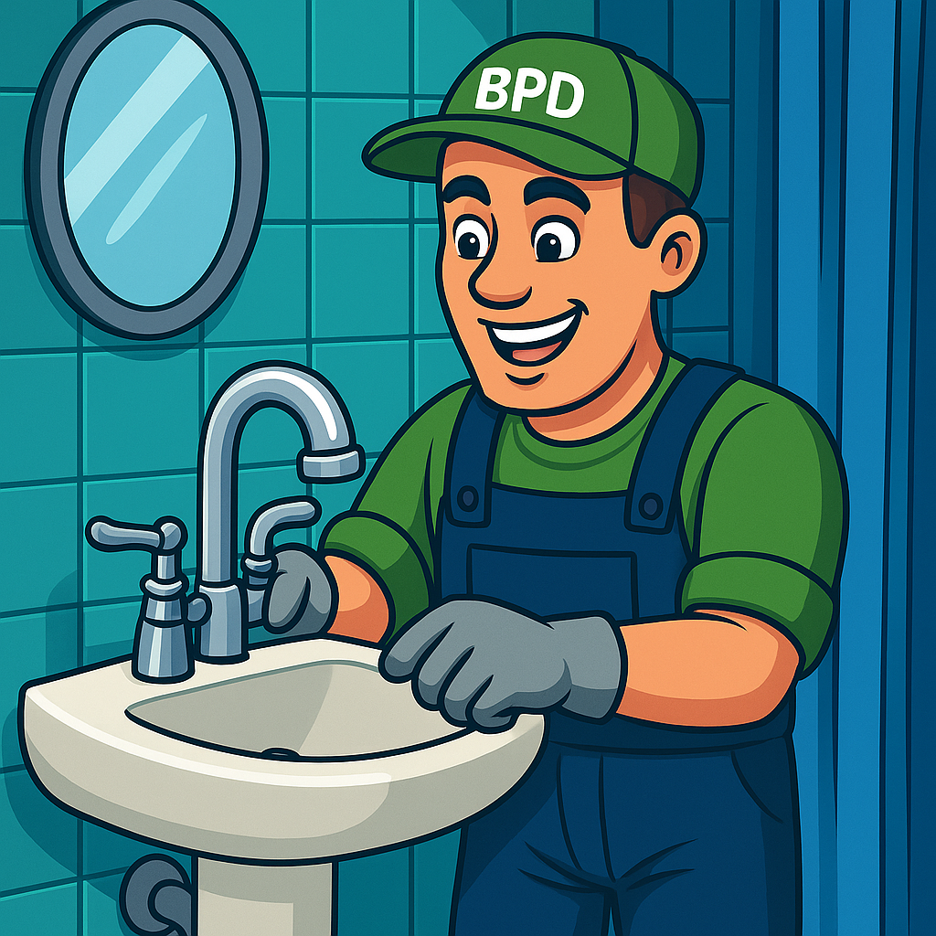 Hands wearing gray gloves wiping a white sink with a blue cloth. Tools and more cloths nearby.