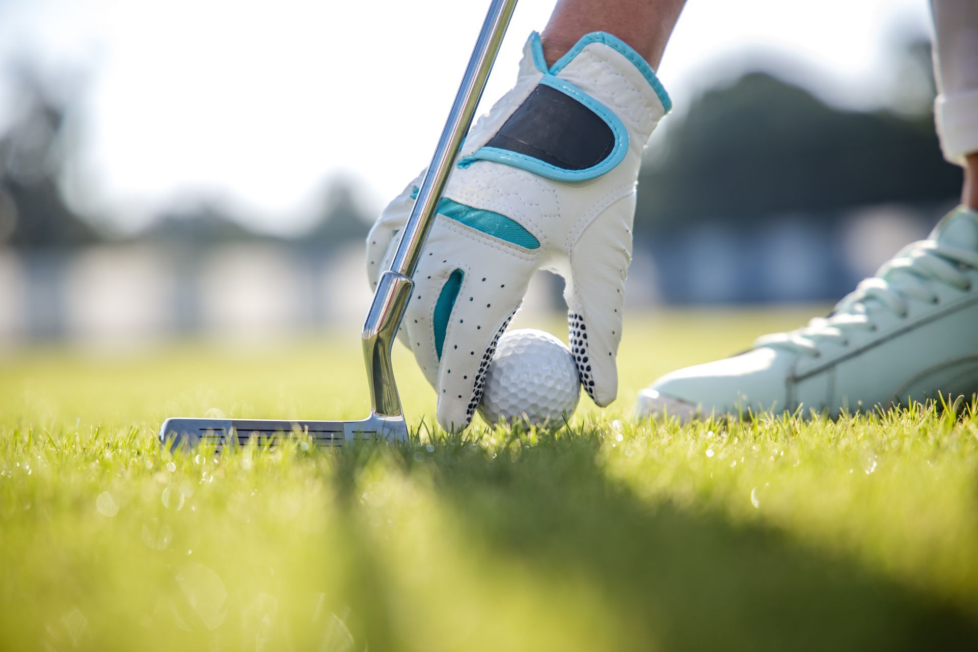 A person is putting a golf ball on a golf course.