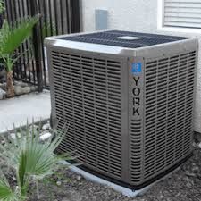 A york air conditioner is sitting on the side of a building next to a palm tree.