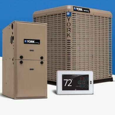A picture of a york air conditioner and a york thermostat
