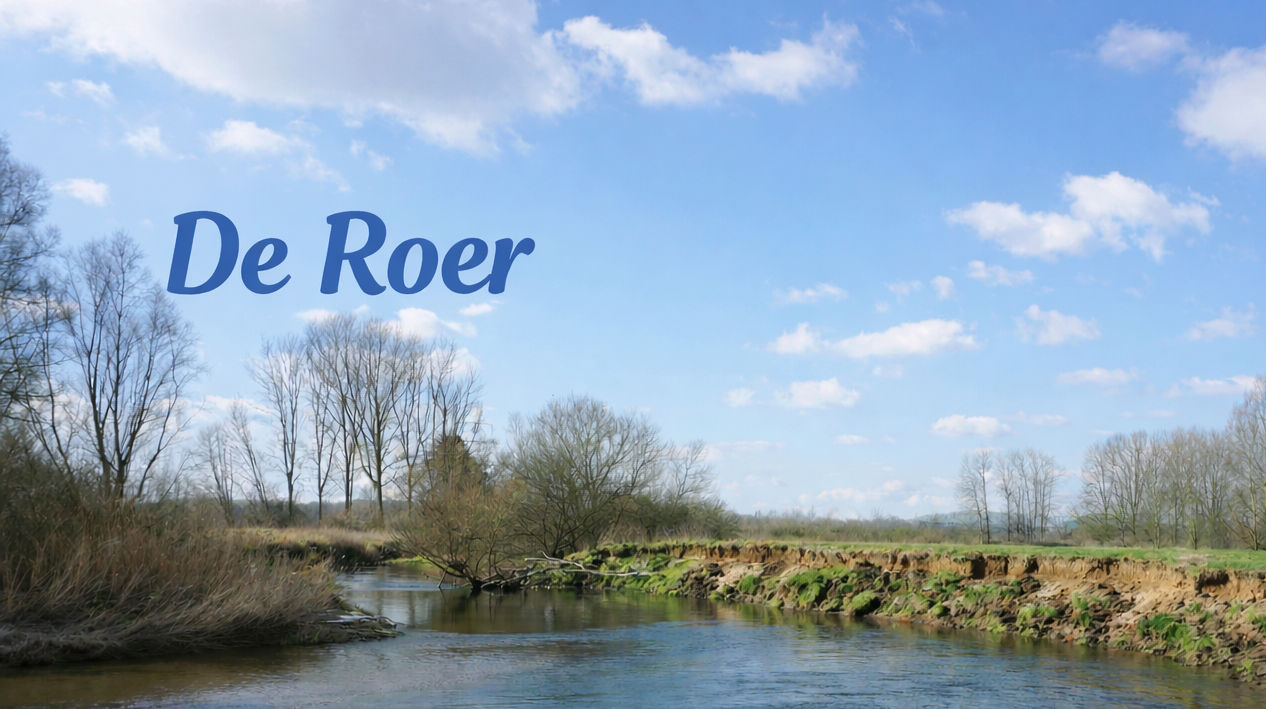 Een schilderachtig uitzicht op de Roer die zich door een grasrijk landschap slingert.