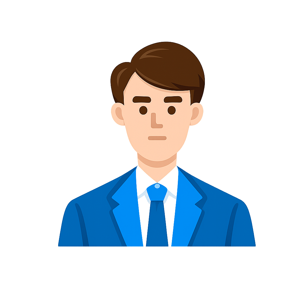 Een digitale illustratie van een persoon met bruin haar, gekleed in een blauw pak met stropdas, die recht vooruit kijkt.