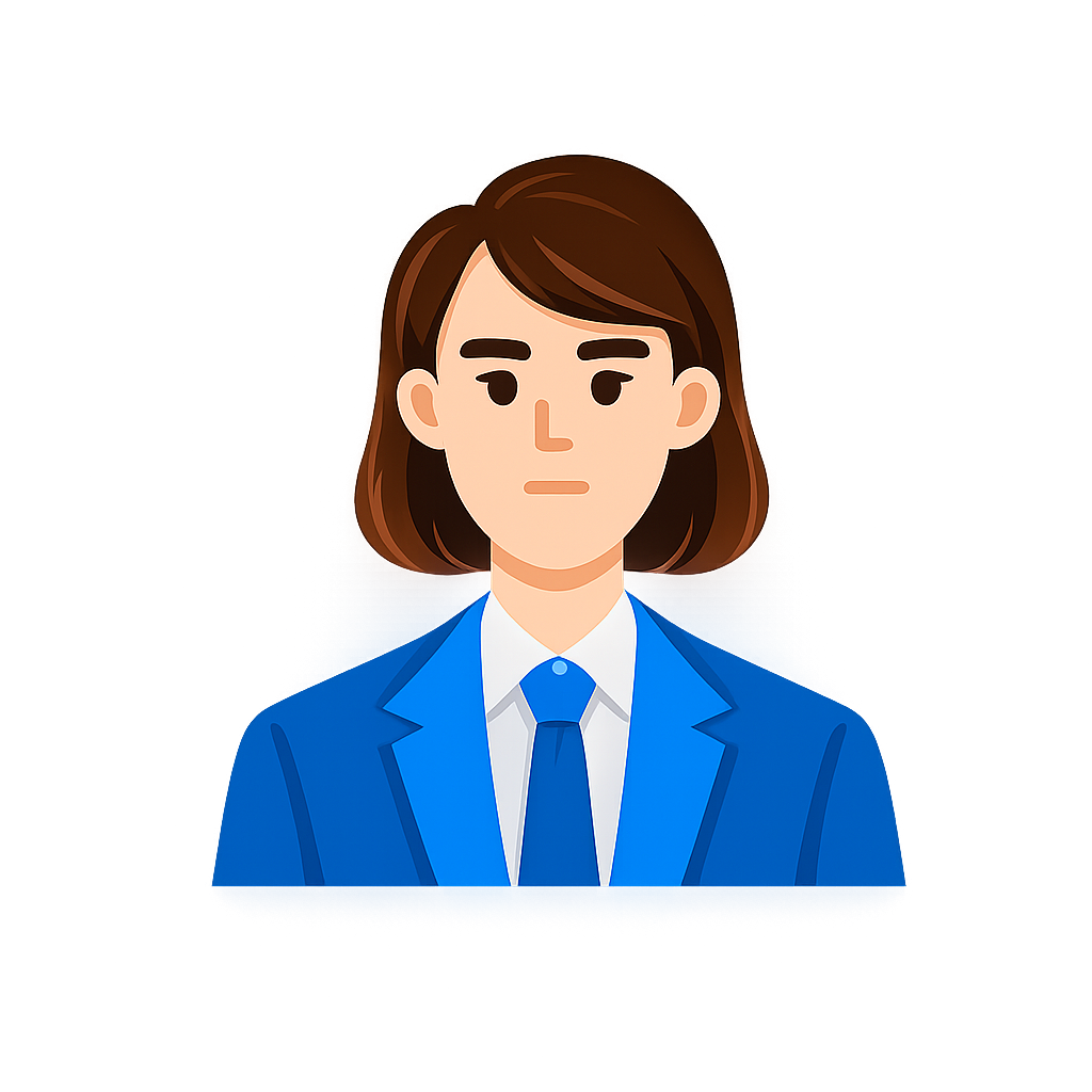 Een persoon met schouderlang bruin haar, gekleed in een professioneel blauw pak