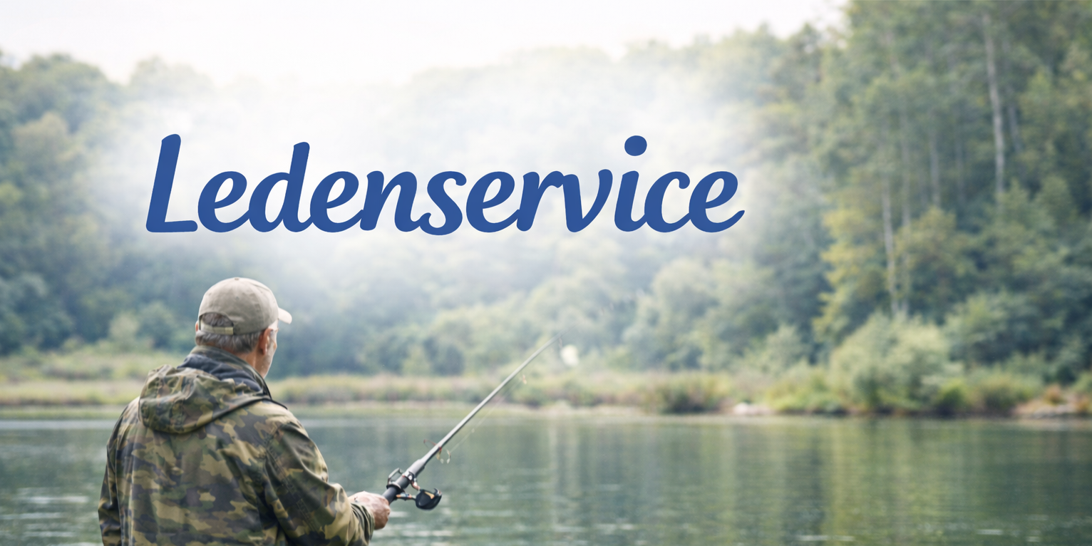 Een persoon in camouflagekleding vist op een mistig meer, met de blauwe tekst 