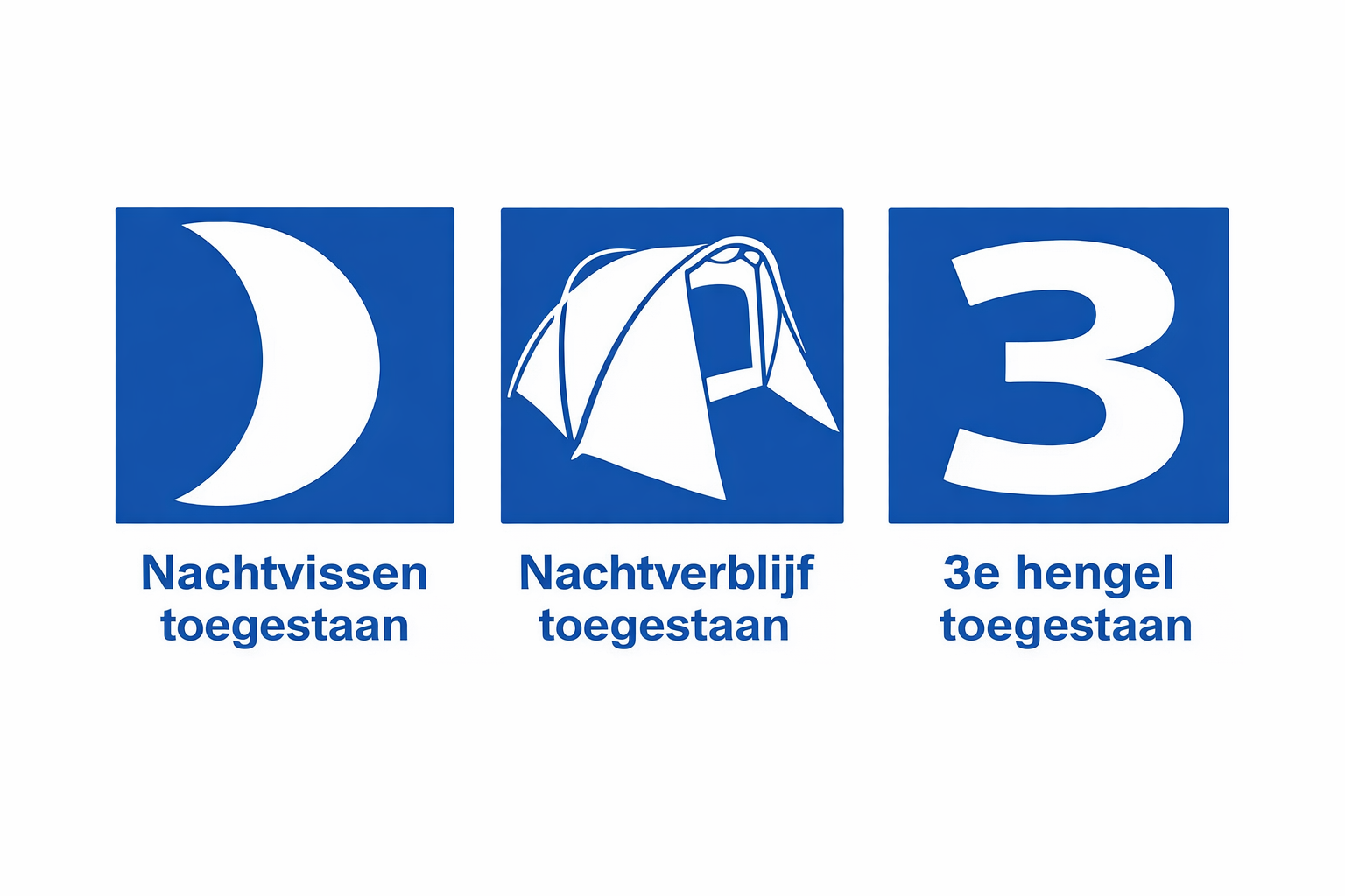 Drie blauwe vierkante pictogrammen met witte tekst in het Nederlands: