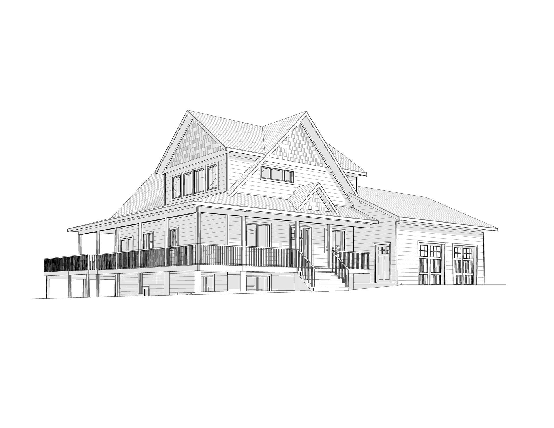 Black-and-white sketch of a two-story house with a wraparound porch and garage.