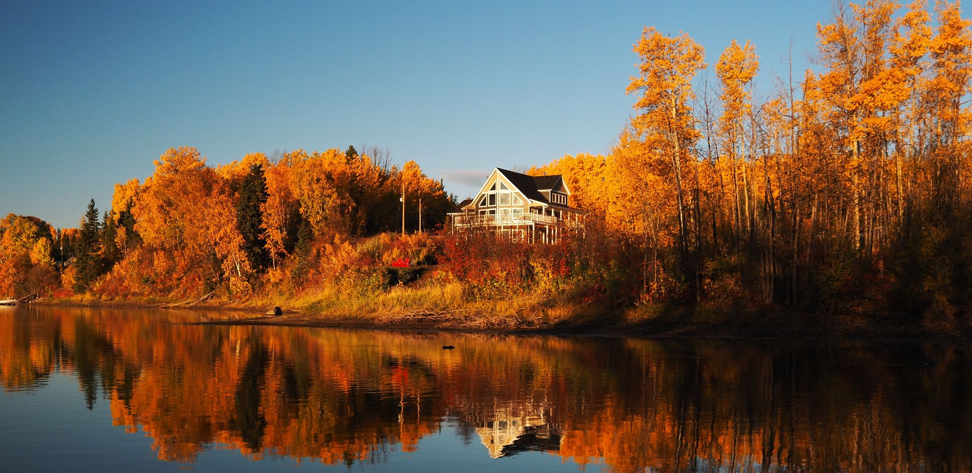 Autumn trees beside a calm river, with a white house reflected in the water under a blue sky.