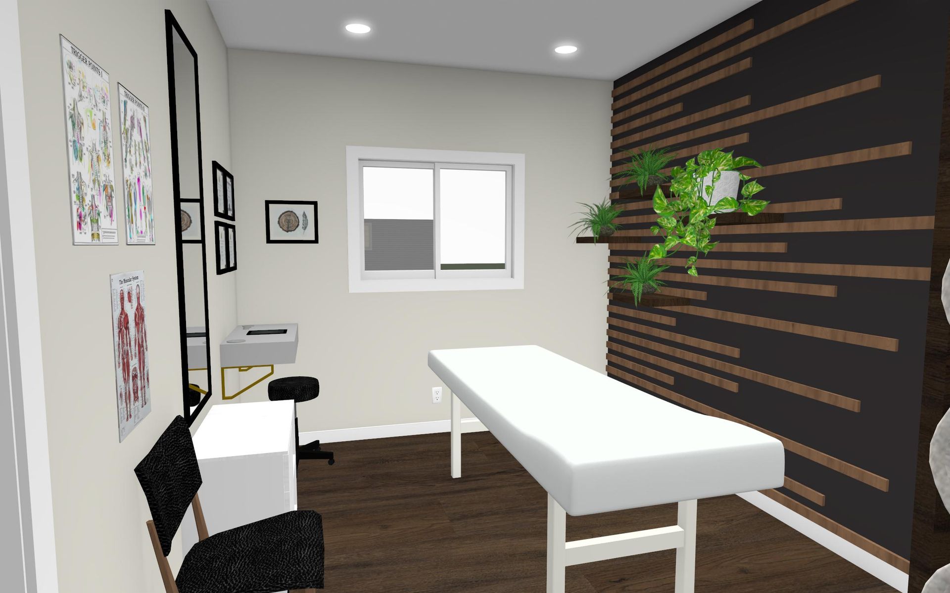 Modern spa room with massage table, dark wood floor, wall decor, and a window.