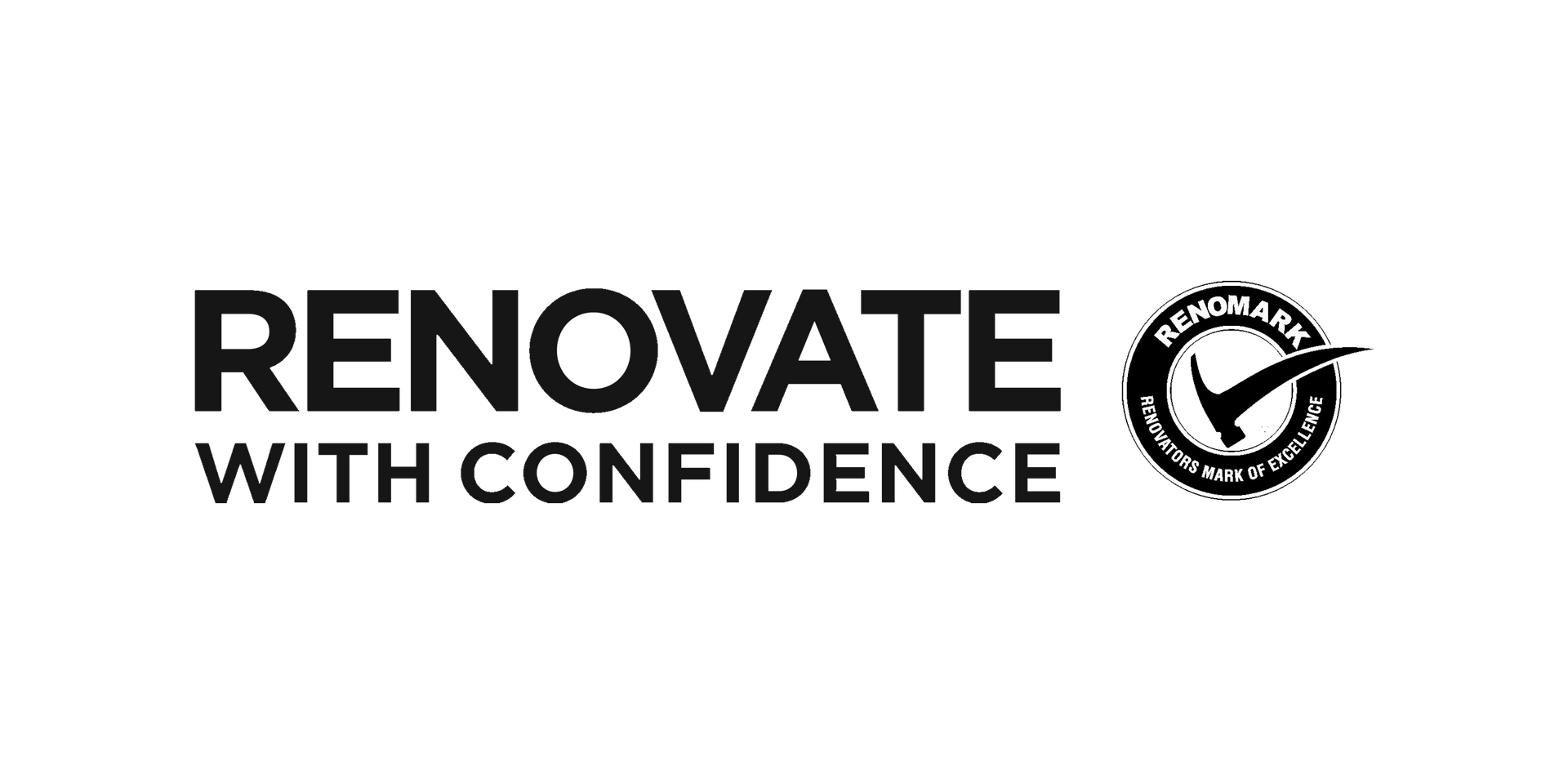 Renovate with confidence logo in black text with a circular checkmark seal