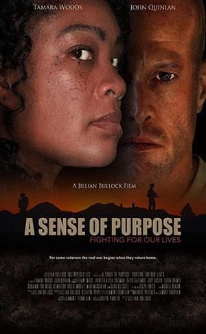 Movie poster for ‘A Sense of Purpose,’ featuring close-up profiles of two characters, a woman and a man, with the tagline ‘Fighting for our lives’ and a dramatic, shadowed background